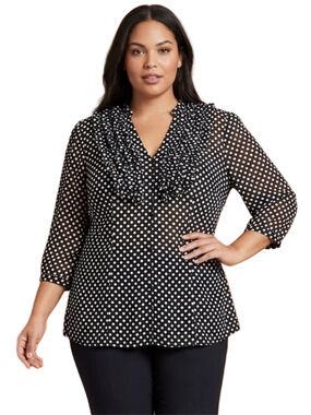 INC International Concepts Black & White Polka Dot Ruffle V-Neck Blouse Size 1X